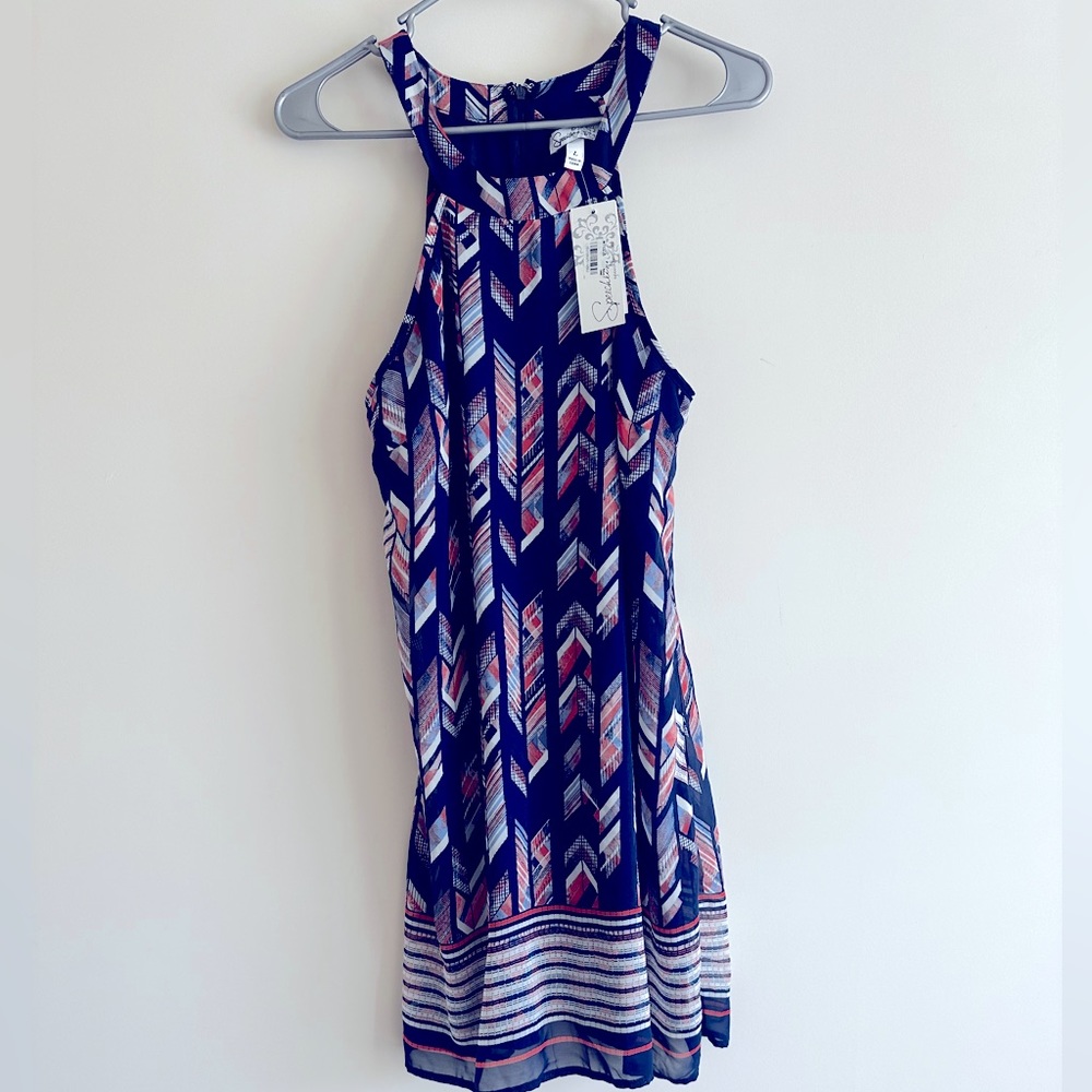 Speechless Navy Blue and Coral Mini Dress with Halter Neckline